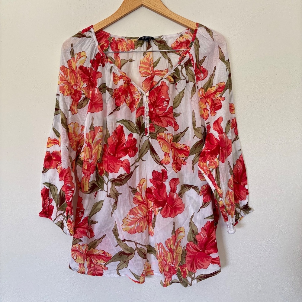 CHAPS SZ 2X Balloon Sleeve Blouse Top Shirt Peasant  1/2 Button Cottagecore